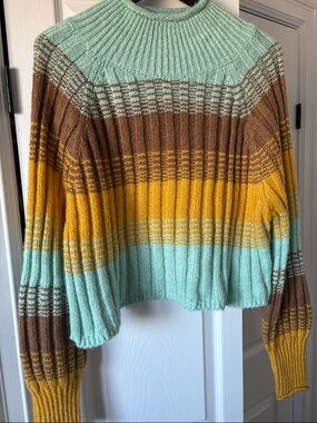 BDG Striped Rib-Knit Turtleneck Sweater in Mint, Mustard & Brown